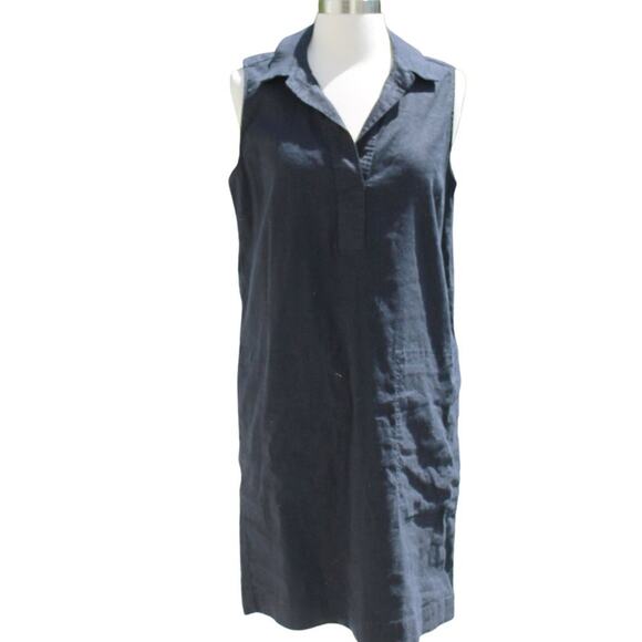 Tahari Women's Linen Shirt Dress Navy Blue Office Beach Midi Pockets Size 8 - Picture 1 of 10